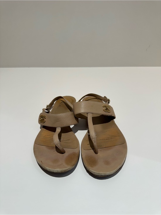 CHANEL Nude Leather Slingback Thong Sandals with Gold CC